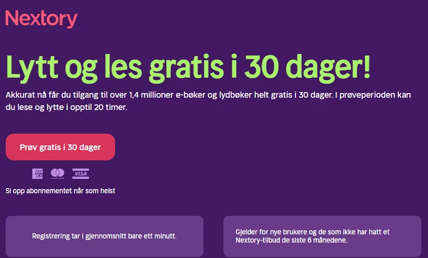 Skjermbilde av Nextorys tilbudsside: Lytt og les gratis i 30 dager, opptil 20 timer i prøveperioden